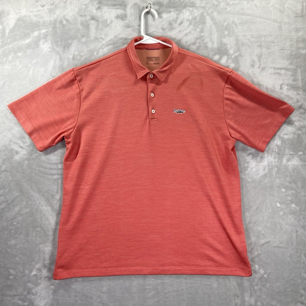 Patagonia Shirt men's Large Polo Performance Trout Logo Fish Orange Casual